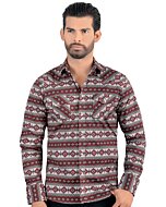 Model wearing Men's Mocha Geometric Pattern Shirt - Snap Button - Modern Fit - Lamasini 0106.