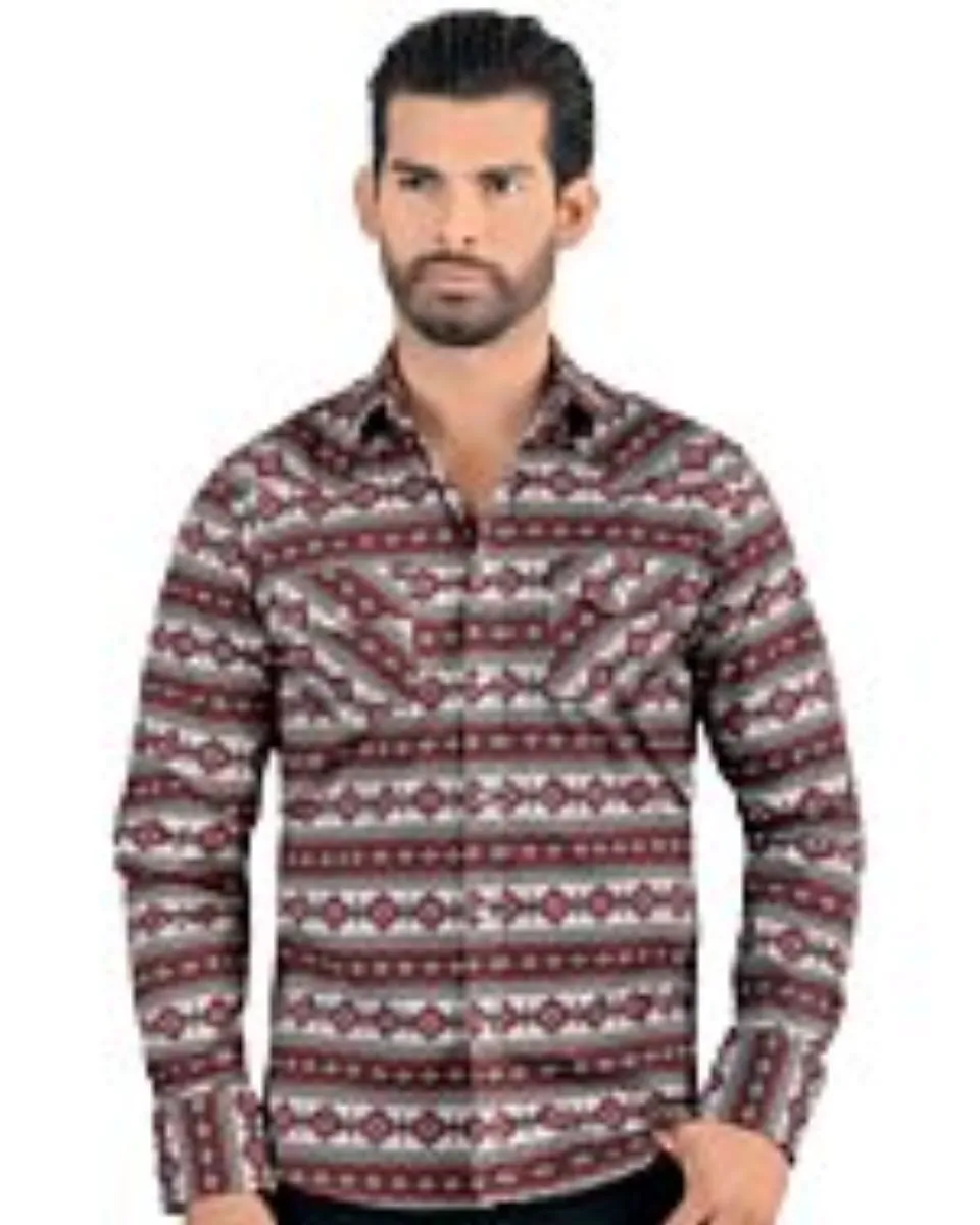 Model wearing Men's Mocha Geometric Pattern Shirt - Snap Button - Modern Fit - Lamasini 0106.