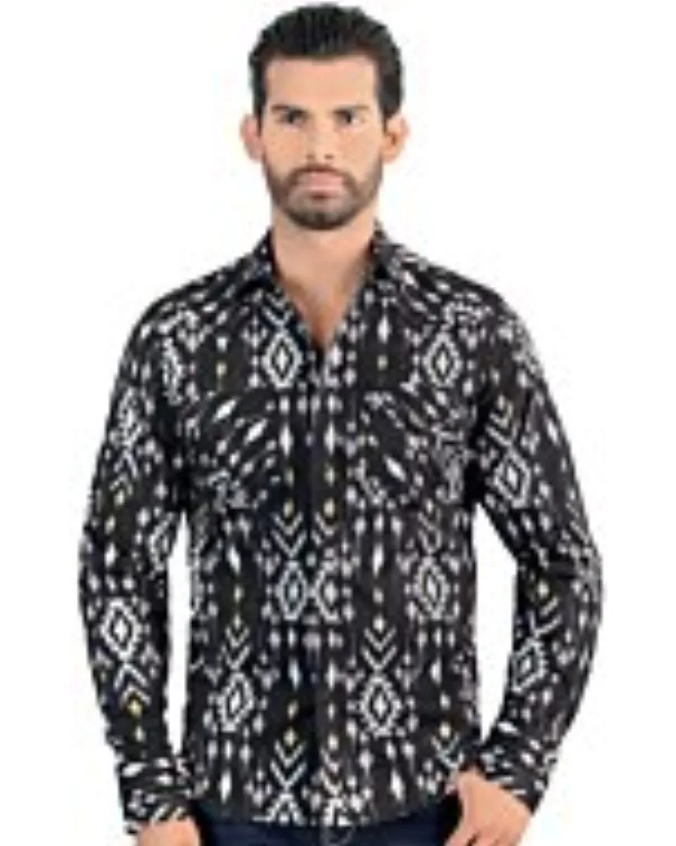 Vista frontal de la Camisa de Manga Larga Negra con Patrón Tribal para Hombre Lamasini 0105.