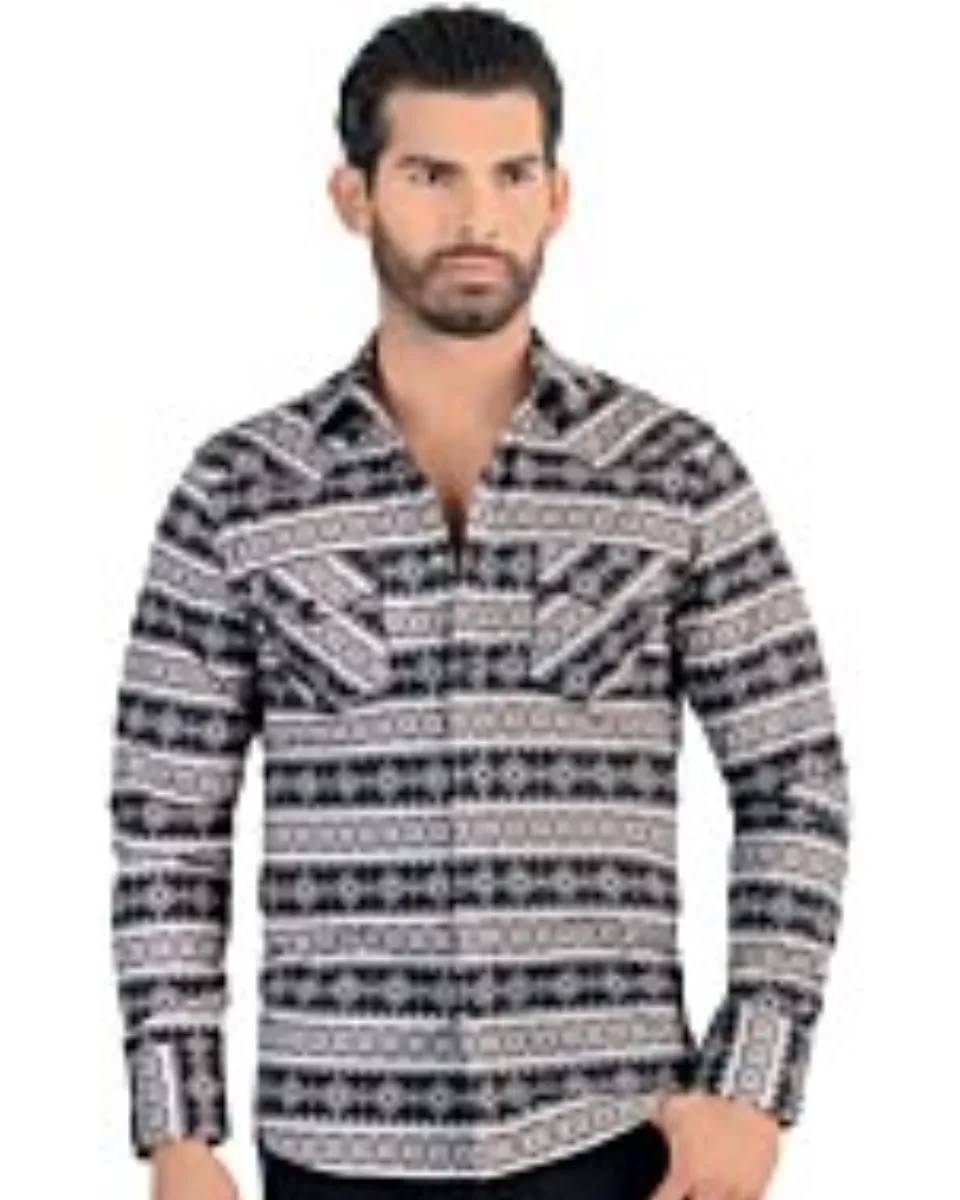 Front view of Men's Black and White Geometric Pattern Shirt - Snap Button - Modern Fit - Lamasini 0106.