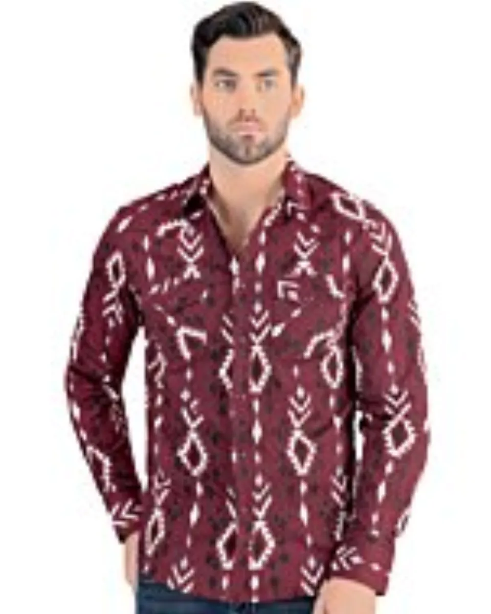Vista frontal de la Camisa de Manga Larga Color Vino con Patrón Tribal para Hombre Lamasini 0105.