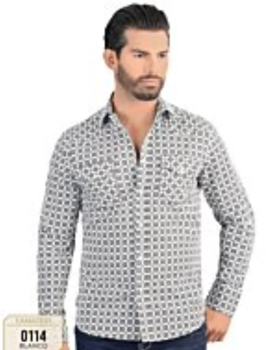 Vista frontal de la Camisa de Manga Larga Blanca con Patrón Geométrico Negro para Hombre Lamasini 0114.