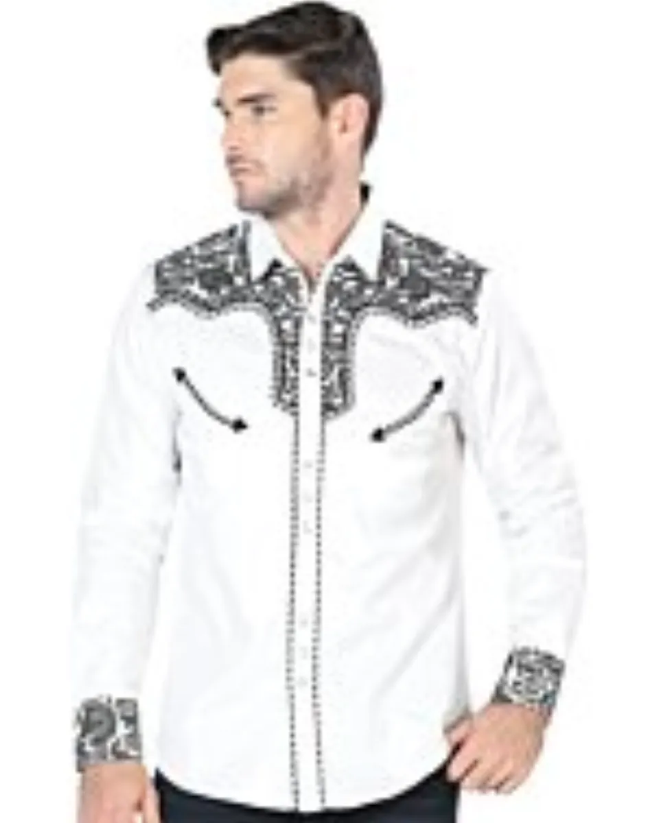 Model wearing Men's White Western Embroidered Shirt - Lamasini 2203, showcasing detailed black embroidery and snap button front.