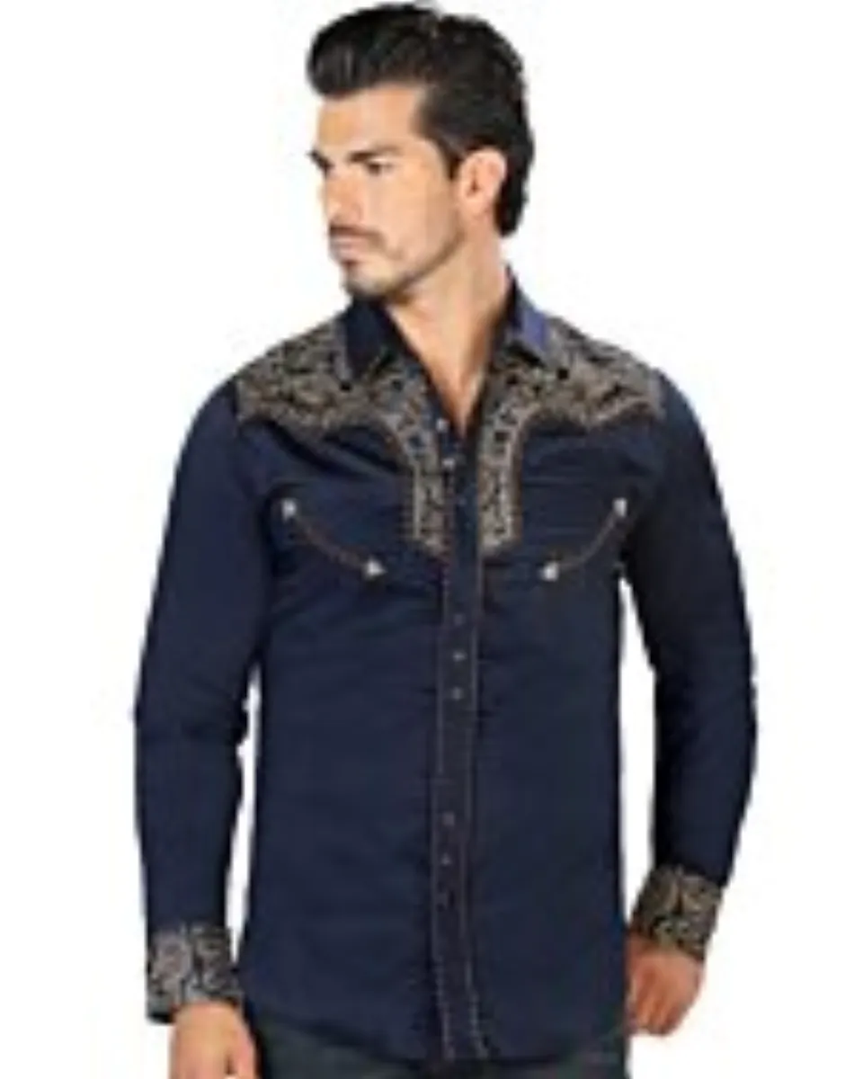 Model wearing Men's Navy Western Embroidered Shirt - Lamasini 2203, showcasing intricate gold embroidery and snap button front.