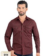 Front view of Men's Black Long Sleeve Shirt with Red Geometric Pattern Lamasini 0114.