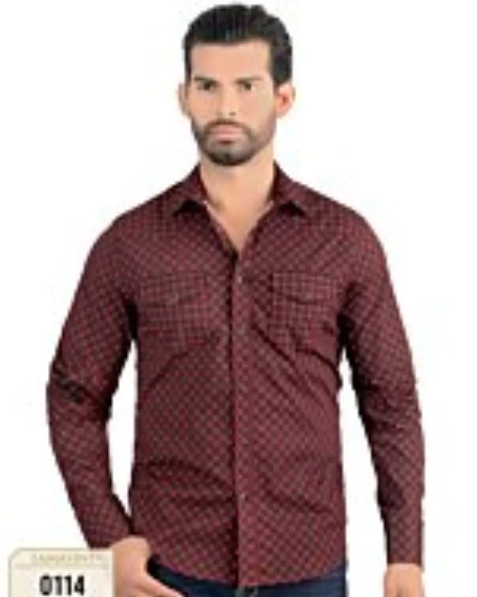 Front view of Men's Black Long Sleeve Shirt with Red Geometric Pattern Lamasini 0114.