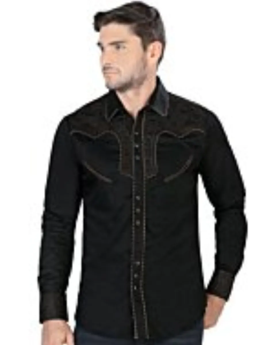 Model wearing Men's Black Western Embroidered Shirt - Lamasini 2203, highlighting intricate gold embroidery and snap button front.