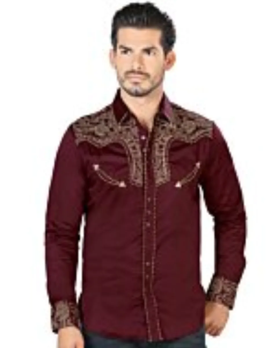Model wearing Men's Burgundy Western Embroidered Shirt - Lamasini 2203, showcasing detailed embroidery and snap button front.