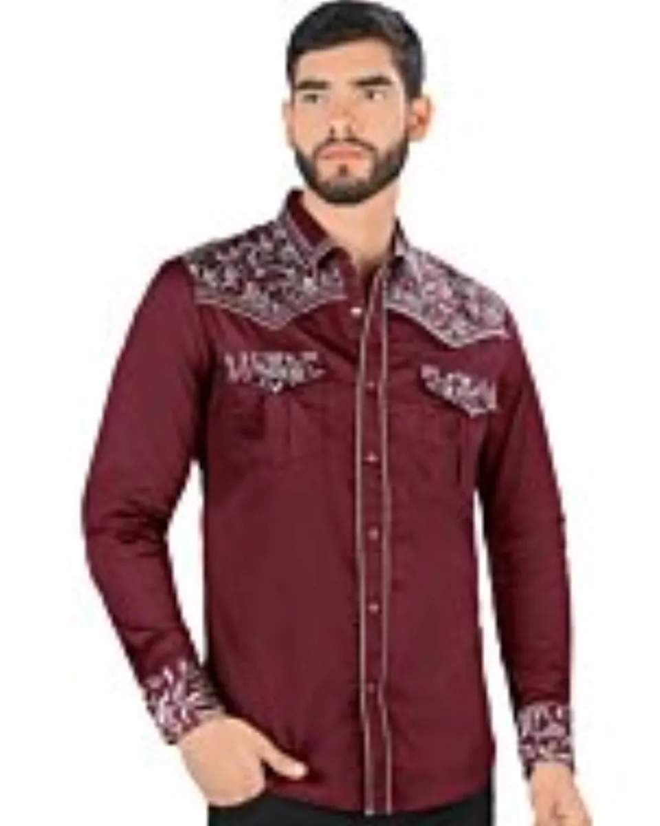 Camisa Vaquera Bordada Montero Color Vino VA3541