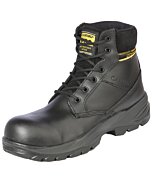 Caribu 44366 men's work shoes in black Hungaro leather, featuring a lace-up design, heat-resistant injection P.U. outsole, and industrial-grade durability.