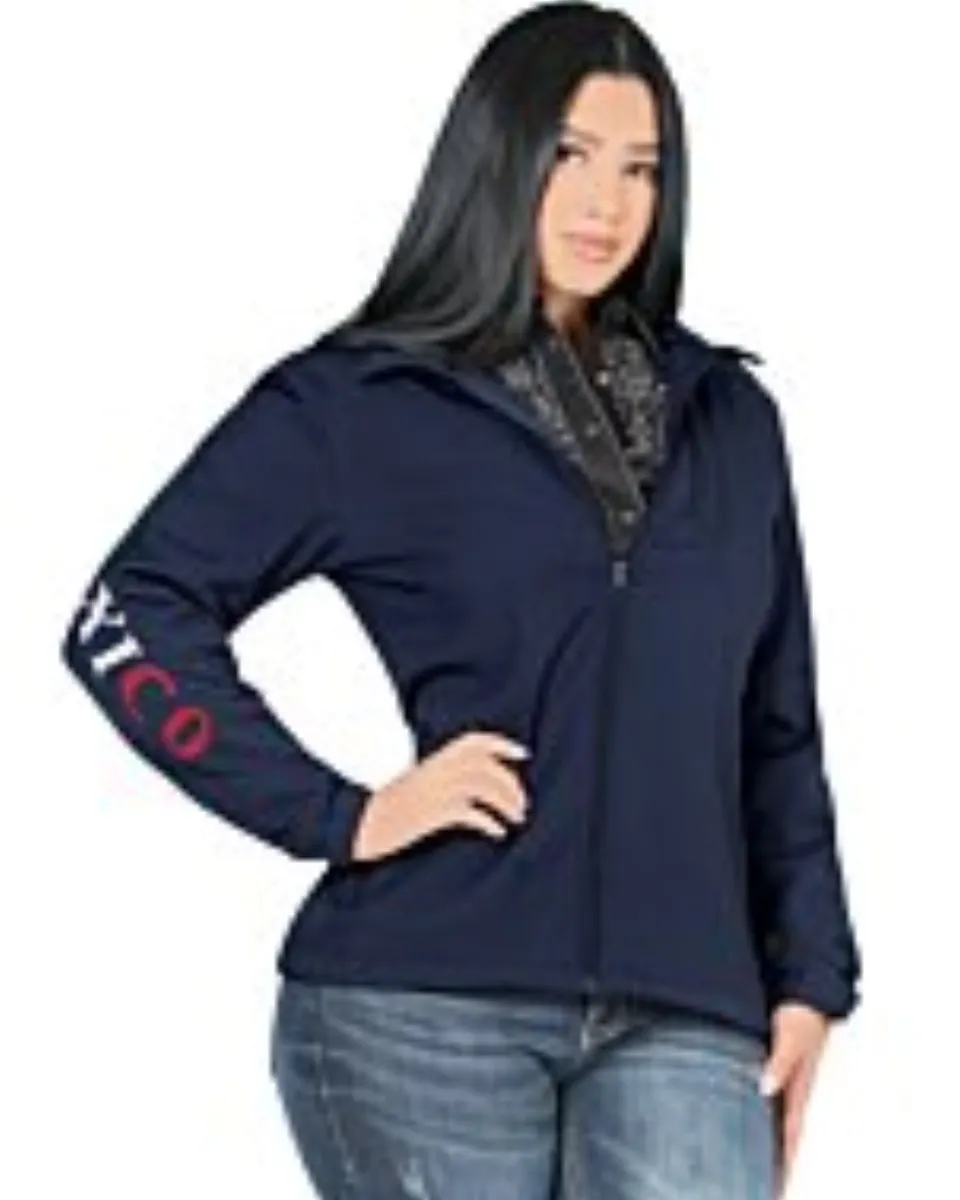 Shot of a woman wearing the Danesi 4052 Navy jacket, highlighting its fitted silhouette and stylish design.
