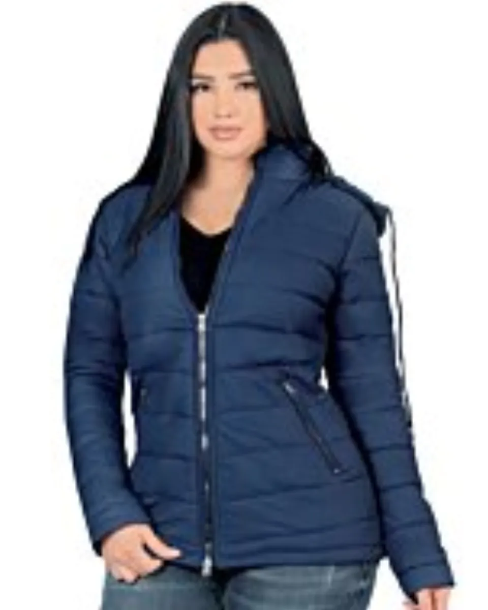 Mujer Latina Luciendo Chamarra Color Azul Marino Con Cremallera Y Capucha Removible