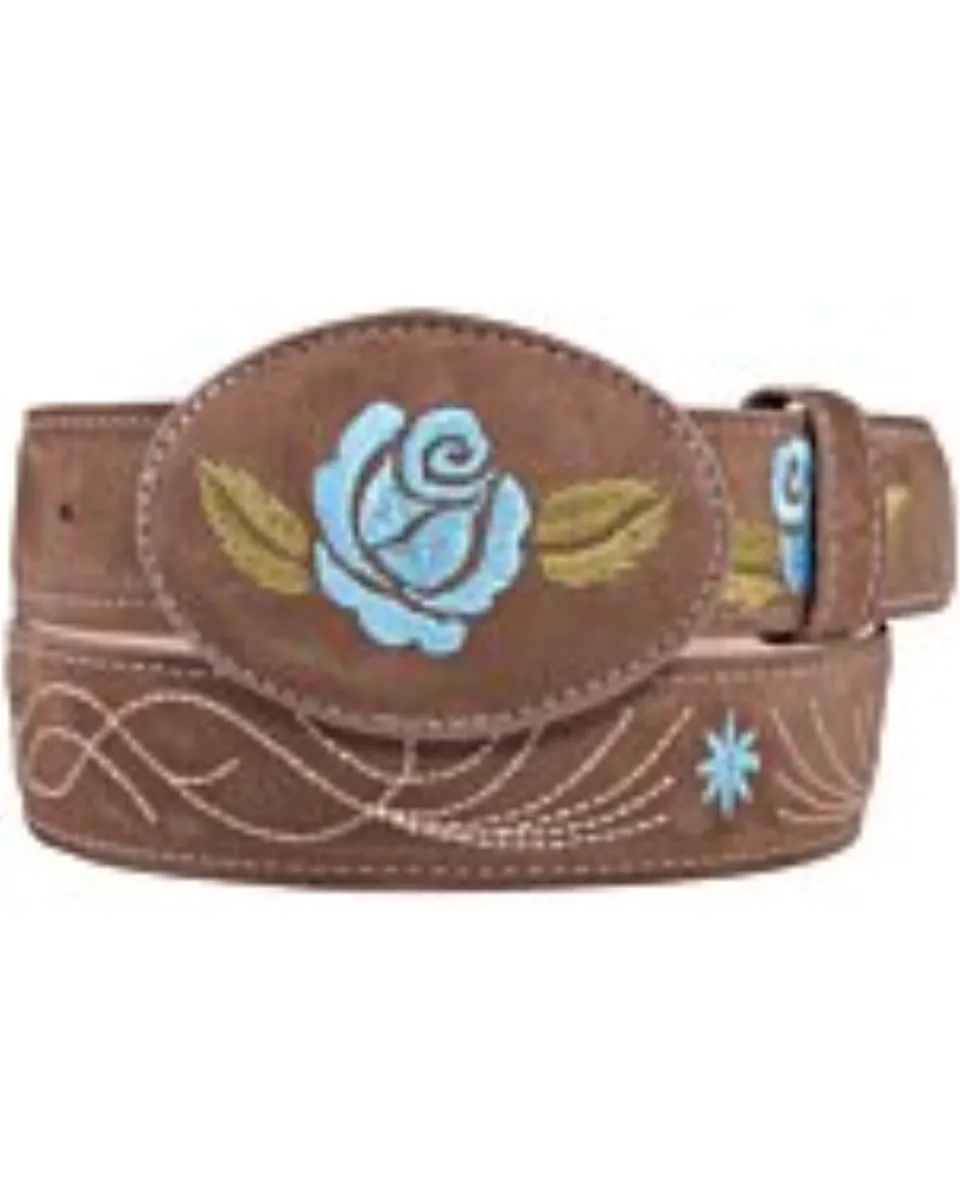 Cinto Vaquero Para Mujer Color Camel Hebilla Ovalada Bordado De Rosa Azul
