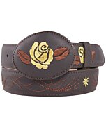 Cinto Vaquero De Mujer Color Choco Con Rosa Amarilla Bordada En Hebilla Ovalada