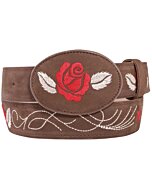 Cinto Vaquero De Mujer Piel Nobuck Color Camel Hebilla Ovalada Con Rosa Roja Borada