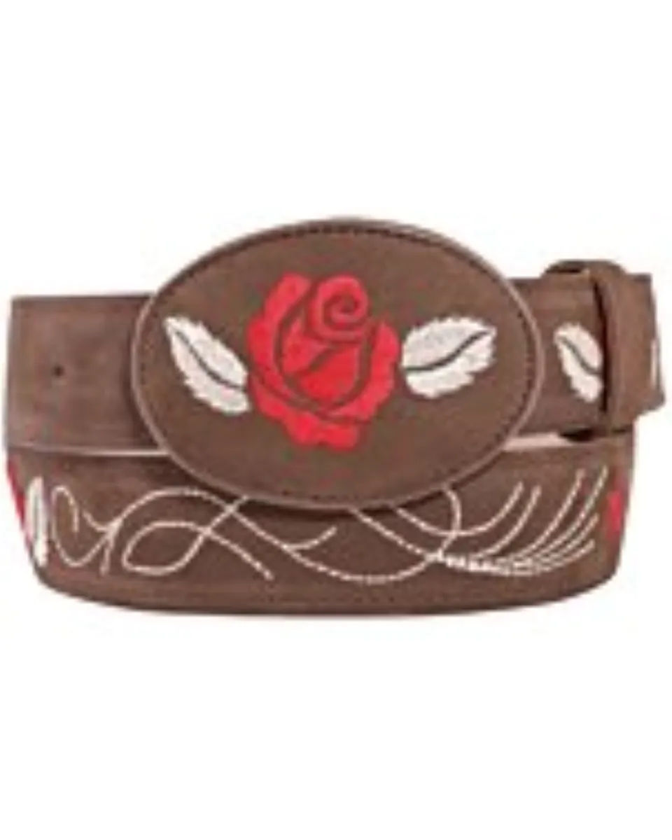 Cinto Vaquero De Mujer Piel Nobuck Color Camel Hebilla Ovalada Con Rosa Roja Borada