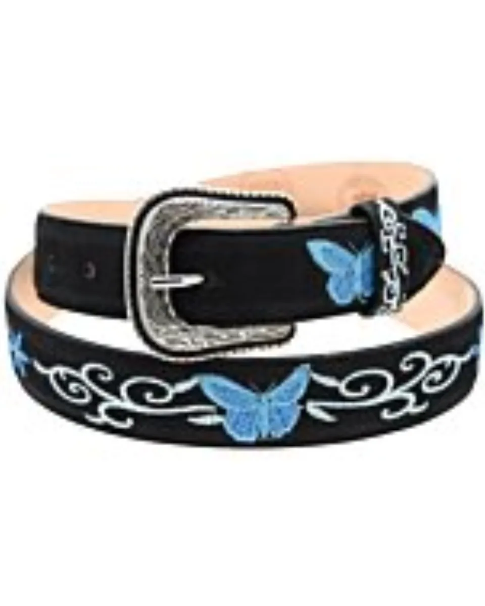 Cinto Rodeo Negro Para Mujer Nobuck Bordado De Mariposas Azules WD 11-1592