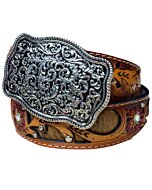 Cinturón vaquero café para mujer con diseño floral en cuero, acentos de pelo de res, y hebilla plateada grabada de White Diamonds.