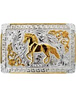 Hebilla Vaquera Cuadrada Color Plata Y Caballo Dorado