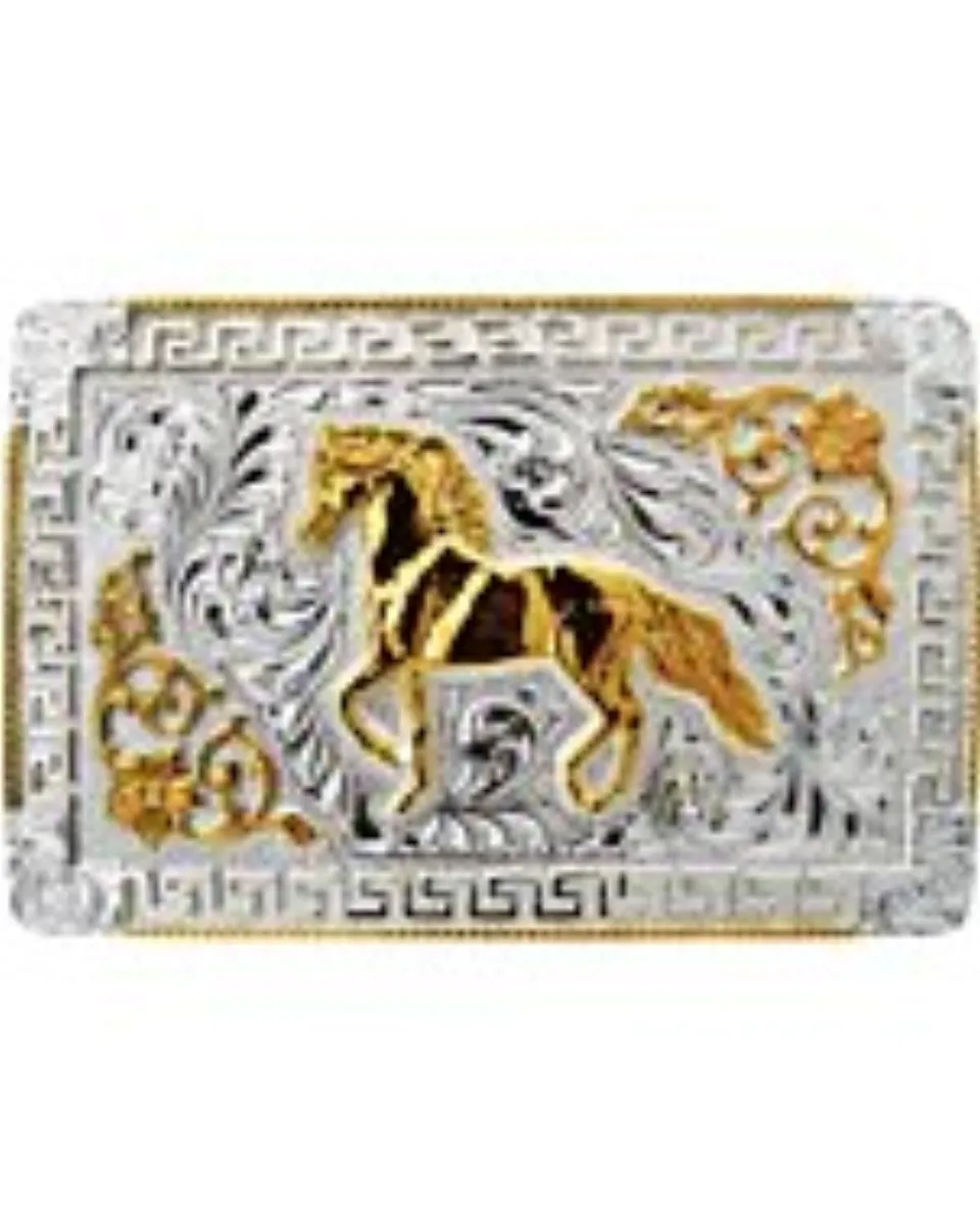 Hebilla Vaquera Cuadrada Color Plata Y Caballo Dorado