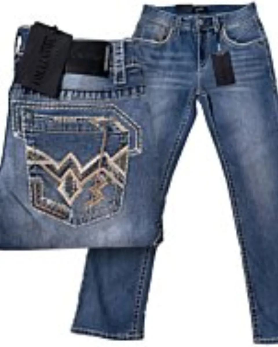 Jeans azul claro con corte moderno y bordado geométrico audaz en los bolsillos traseros para hombre, Montero 4623.
