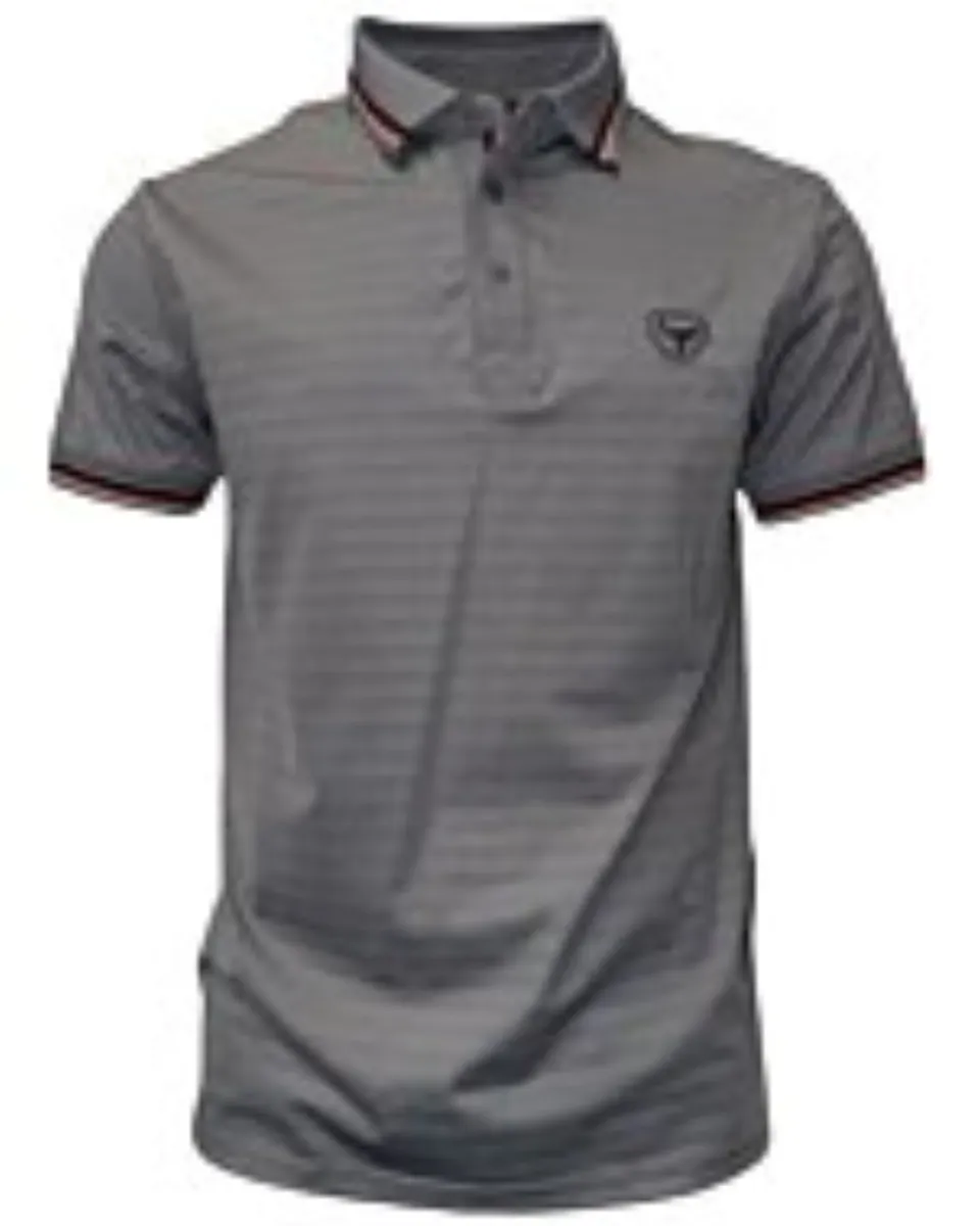 Polo deportivo gris para caballero con cuello en contraste a rayas y logo Lamasini