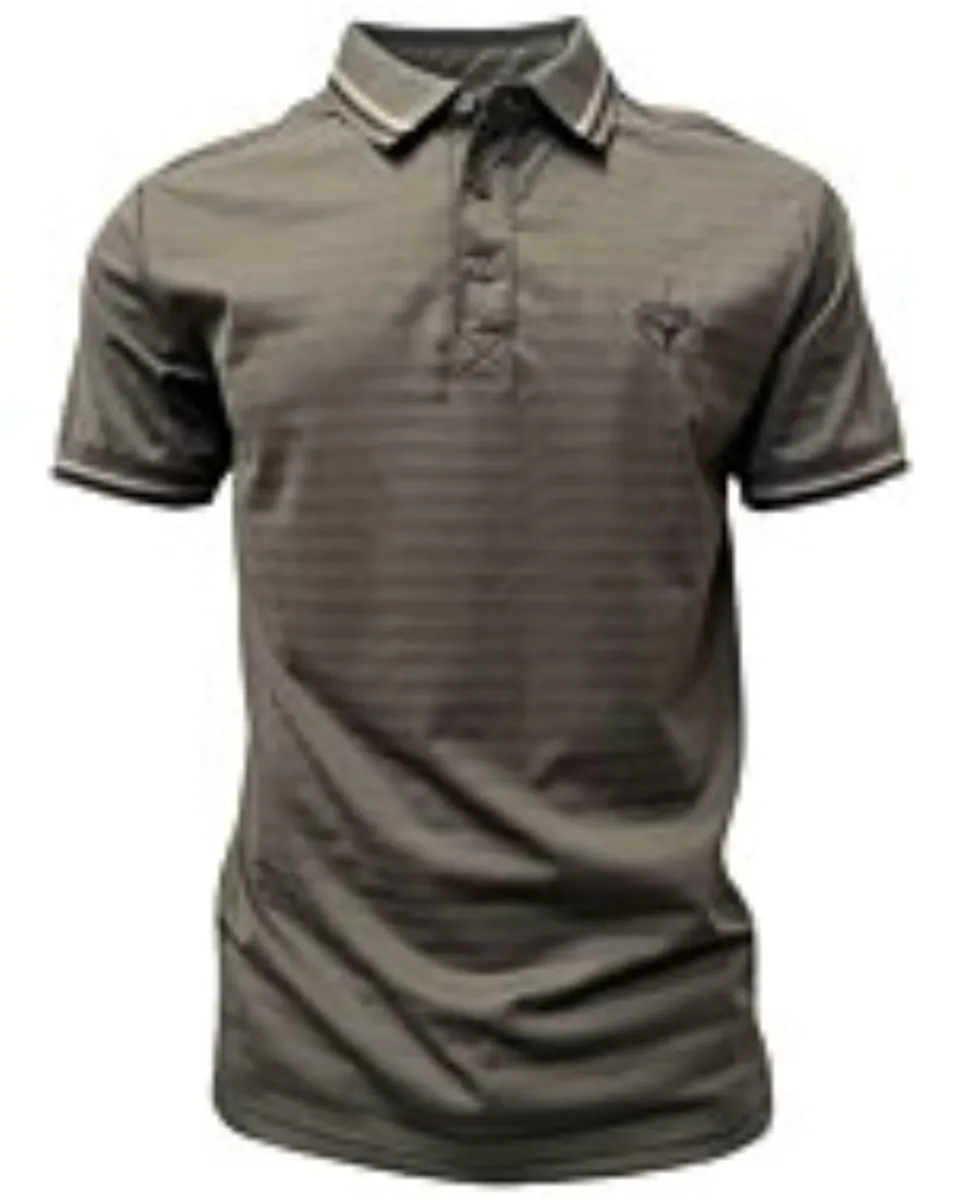 Polo deportivo verde oliva para caballero con cuello en contraste a rayas y logo Lamasini