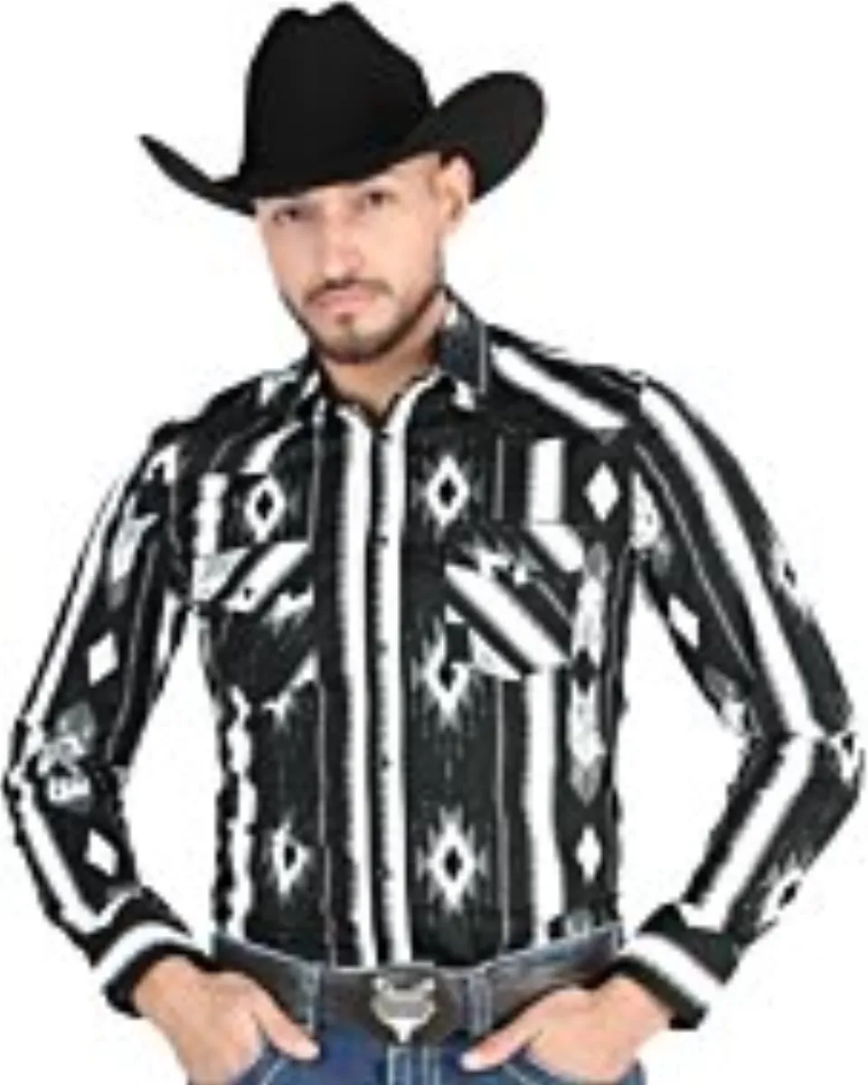 Camisa Vaquera Negra con Diseño de Rayas y Diamantes para Hombre – El General 44475