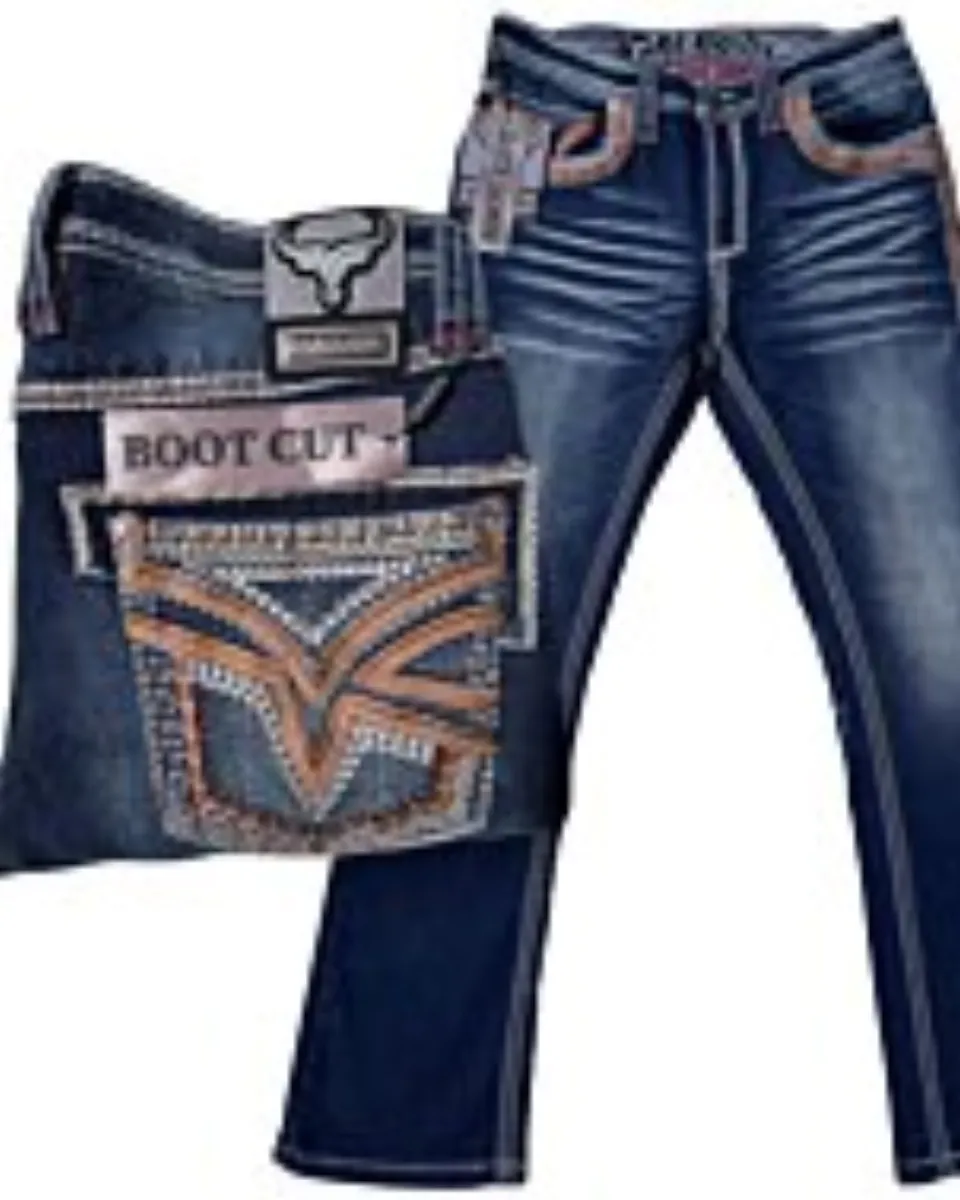 Lamasini 12101 men’s dark blue bootcut jeans with contrast stitching and detailed embroidered back pockets.