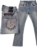 Lamasini 12101 men's light blue boot cut jeans with detailed embroidery and Western-style stitching