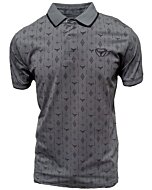 Men's gray polo shirt with a subtle geometric pattern, featuring the Lamasini bullhorn logo and classic short-sleeve design.
