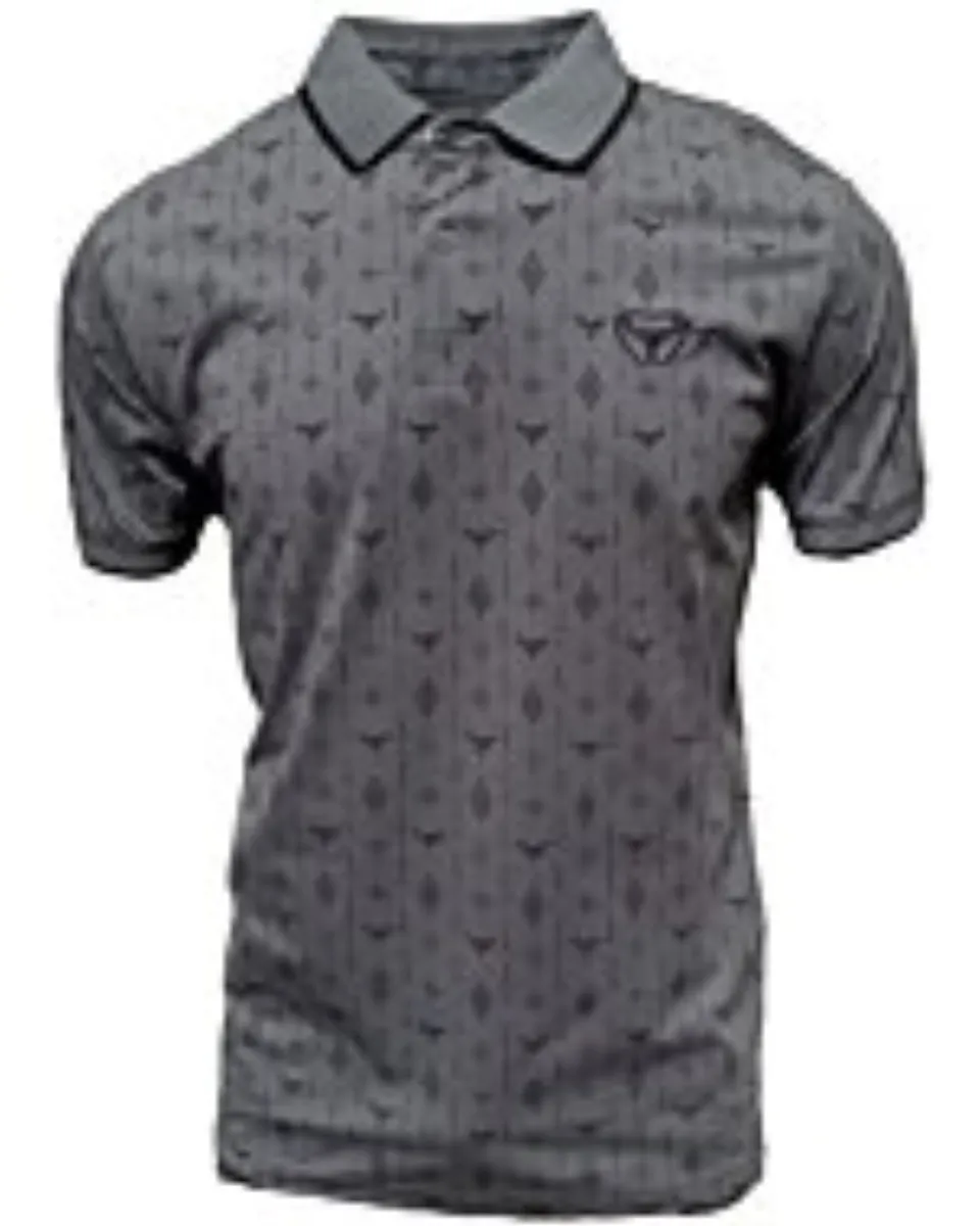 Polo gris para hombre con diseño geométrico sutil, que incluye el logotipo de cuernos de Lamasini y diseño clásico de manga corta.
