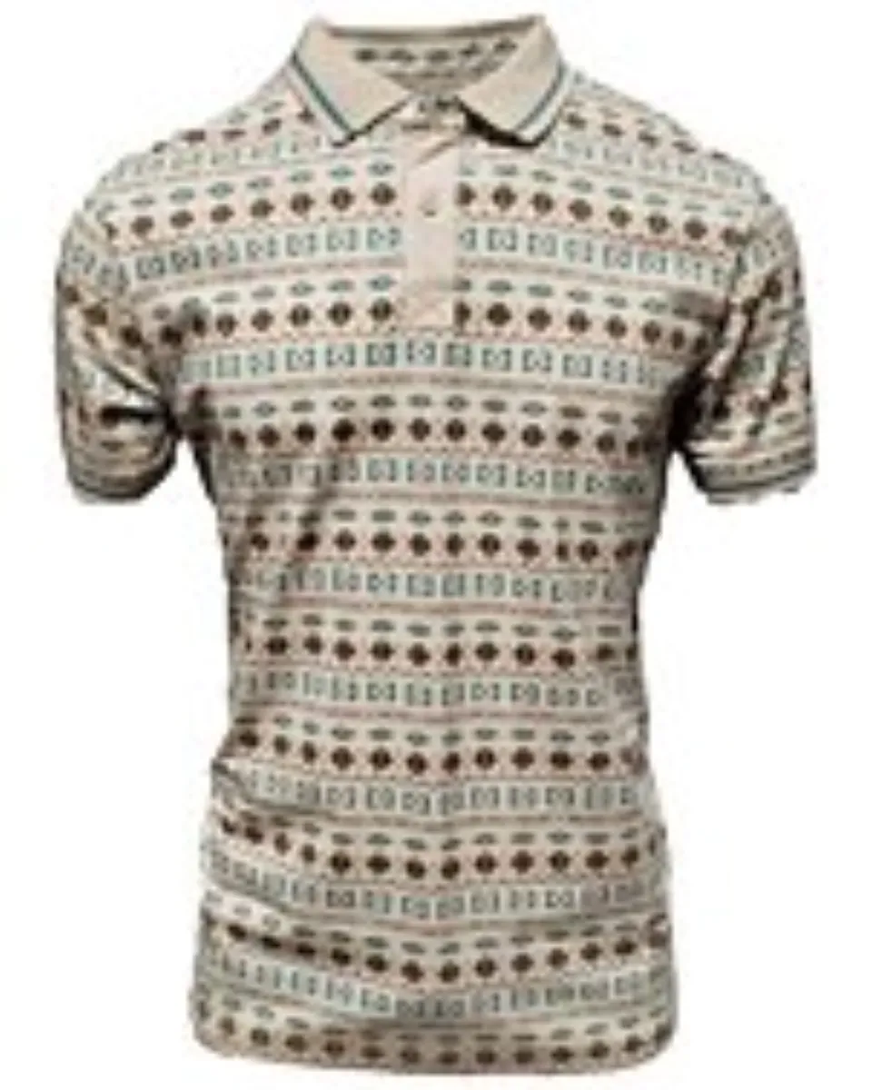Men's beige polo shirt featuring an Arizona-inspired geometric pattern, crafted with a lightweight cotton-polyester blend by Lamasini.