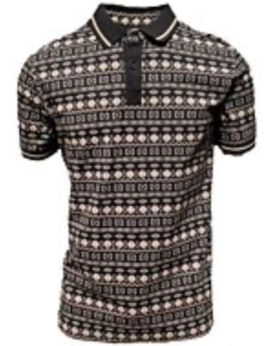 Camisa Polo negra para caballero con un patrón geométrico inspirado en Arizona, confeccionada con mezcla ligera de algodón y poliéster por Lamasini.