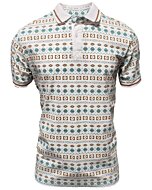 Camisa polo blanca para caballero con un diseño geométrico vibrante inspirado en los paisajes desérticos de Arizona, confeccionada en mezcla ligera de algodón y poliéster por Lamasini.