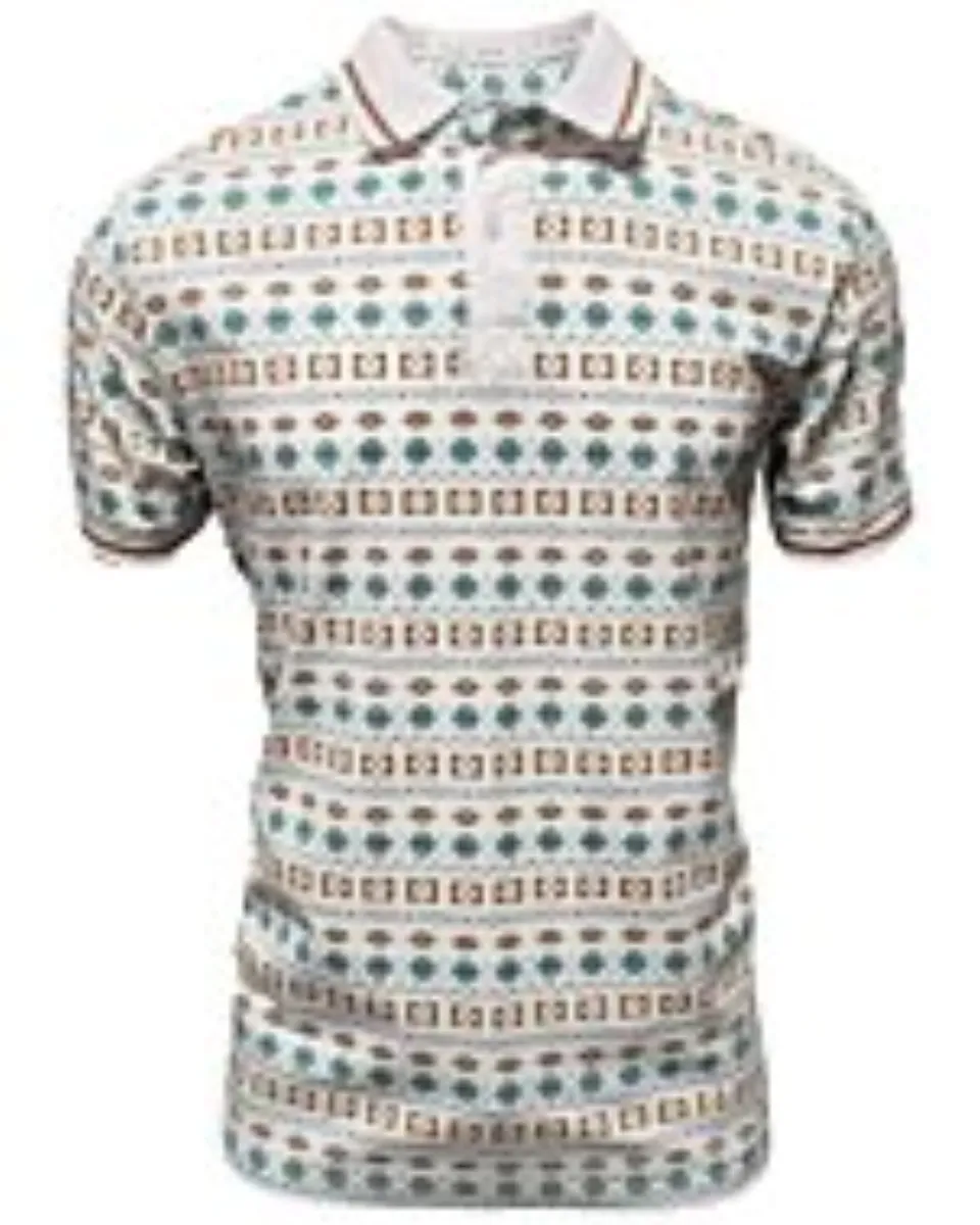 Men's white polo shirt with a vibrant geometric pattern inspired by the desert landscapes of Arizona, crafted with a lightweight cotton-polyester blend by Lamasini.