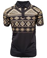 Men's black polo shirt featuring tribal-inspired geometric designs, crafted with a lightweight cotton-polyester blend by Lamasini.