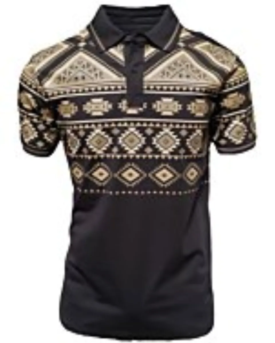 Polo color negro para caballero con diseños geométricos de inspiración tribal, confeccionado en mezcla ligera de algodón y poliéster por Lamasini.