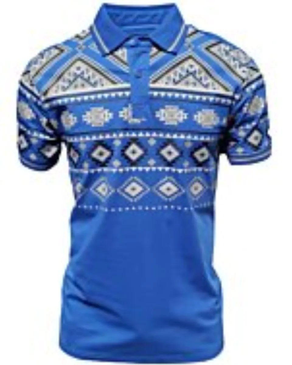 Polo color azul rey para caballero con diseños geométricos de inspiración tribal, confeccionado en mezcla ligera de algodón y poliéster por Lamasini.