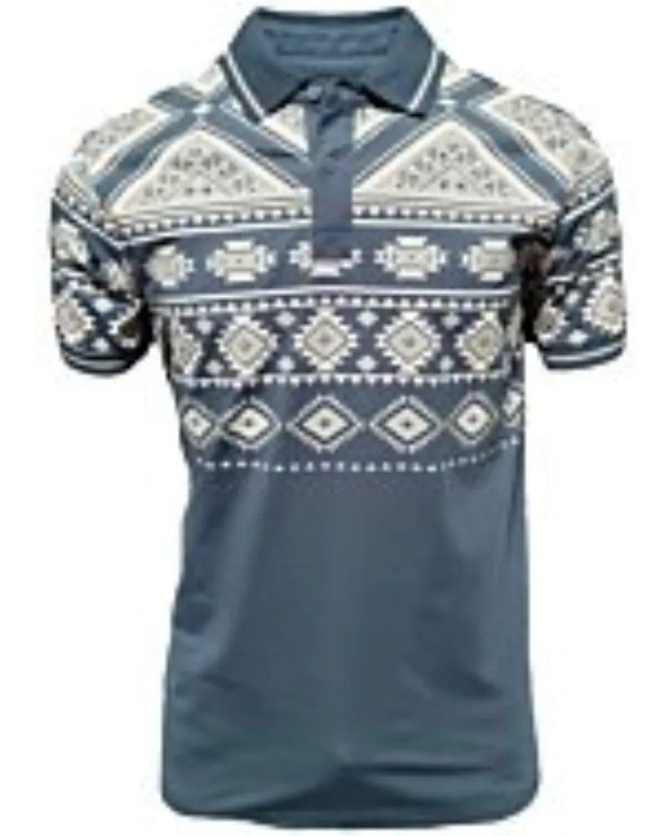 Polo color teal para caballero con diseños geométricos de inspiración tribal, confeccionado en mezcla ligera de algodón y poliéster por Lamasini.