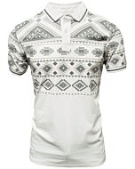 Polo blanco para caballero con diseño geométrico de inspiración tribal, confeccionado en mezcla ligera de algodón y poliéster por Lamasini.