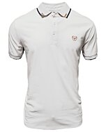 Camisa polo blanca para caballero con detalles sutiles de rayas en el cuello, confeccionada en mezcla ligera de algodón y poliéster por Lamasini.