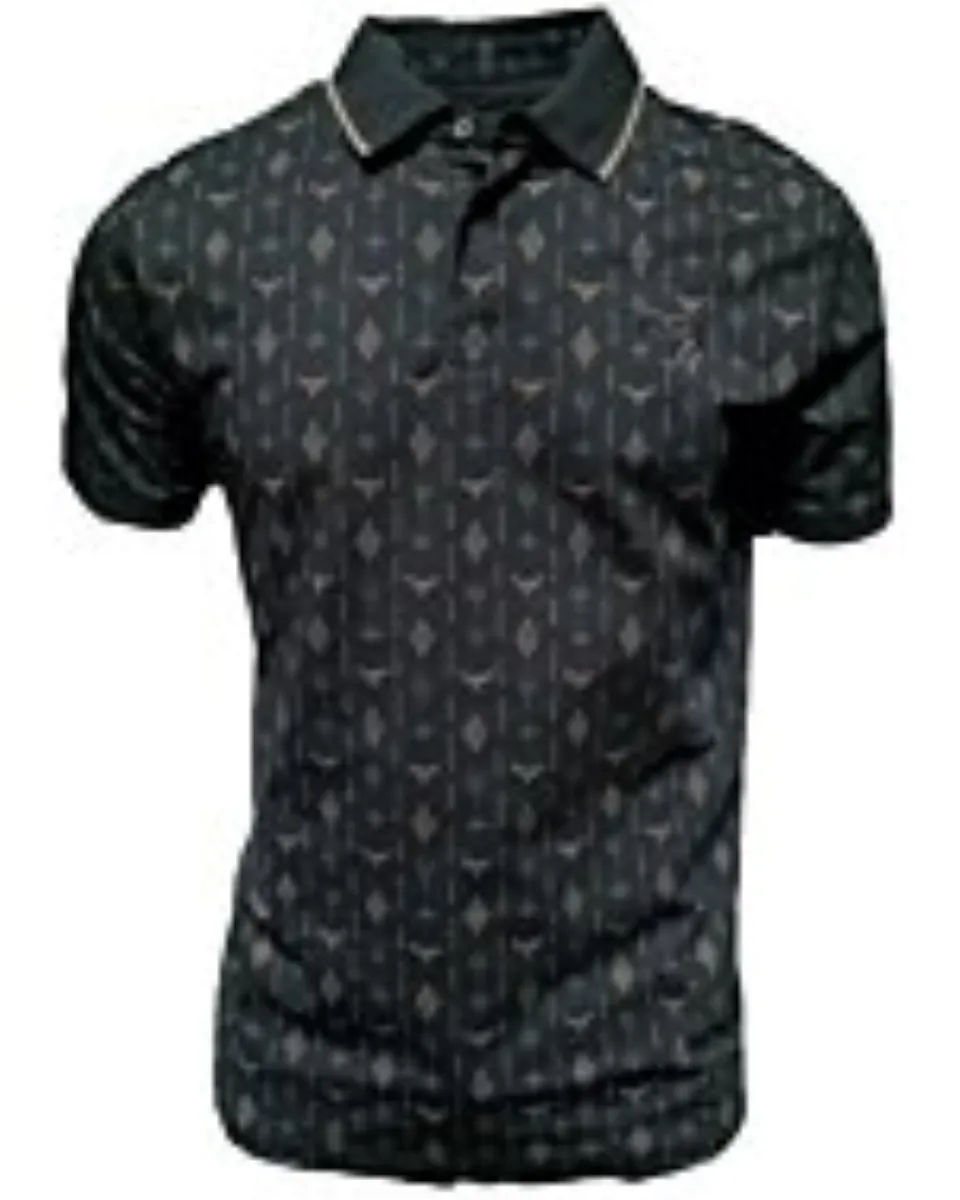Polo negro para caballero con diseño geométrico sutil, logotipo de cuernos de Lamasini y diseño clásico de manga corta.