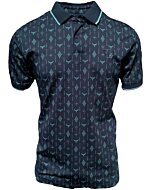 Men's navy polo shirt featuring a geometric pattern and the Lamasini bullhorn logo, crafted with a cotton-polyester blend.