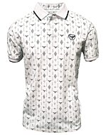 Men's white polo shirt featuring a geometric pattern and the Lamasini bullhorn logo, crafted with a cotton-polyester blend.