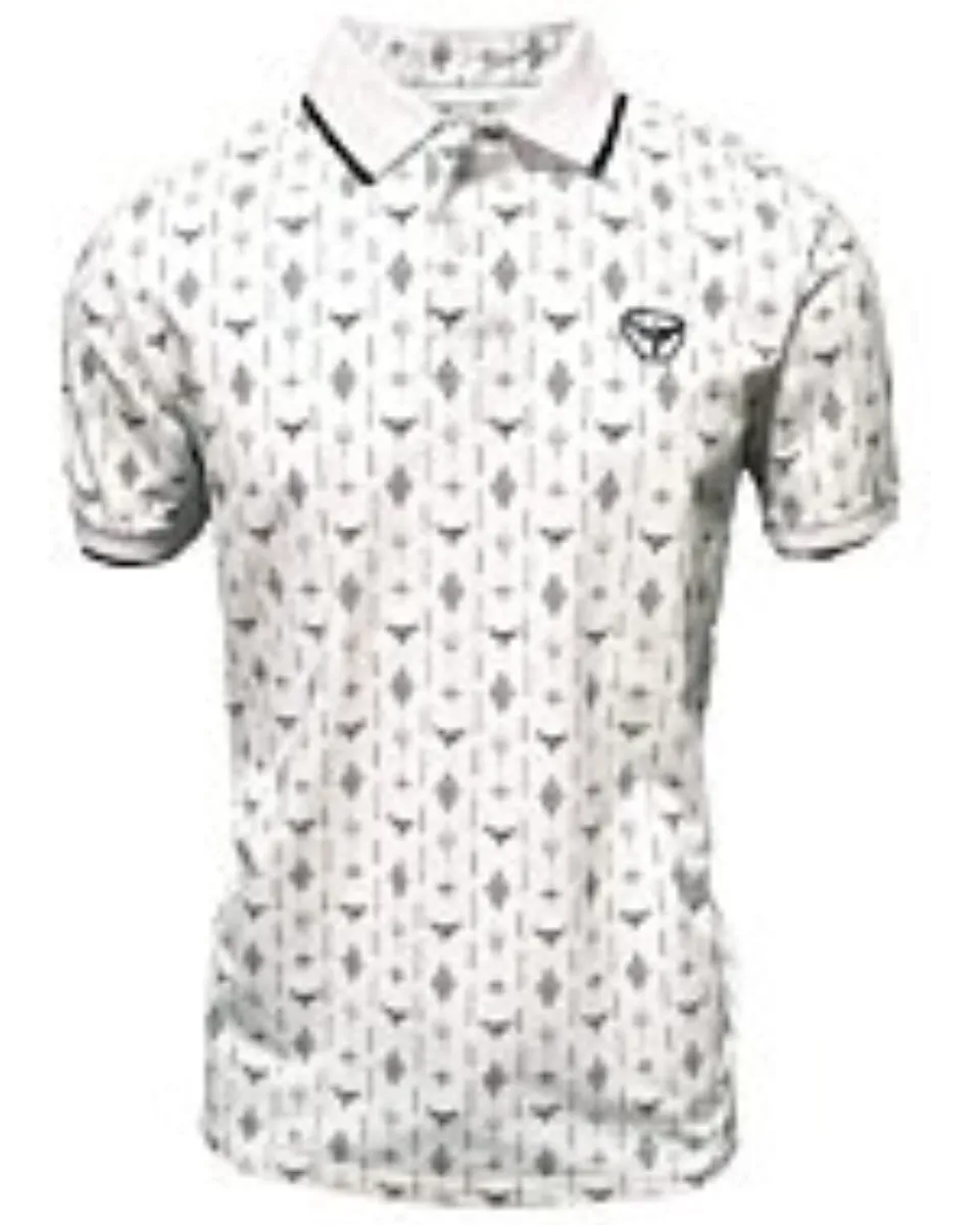 Polo blanco para caballero con patrón geométrico y logotipo de cuernos de Lamasini, confeccionado en mezcla de algodón y poliéster.