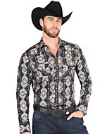 Men's Black Western Shirt with Geometric Brown and White Print – El General 44427