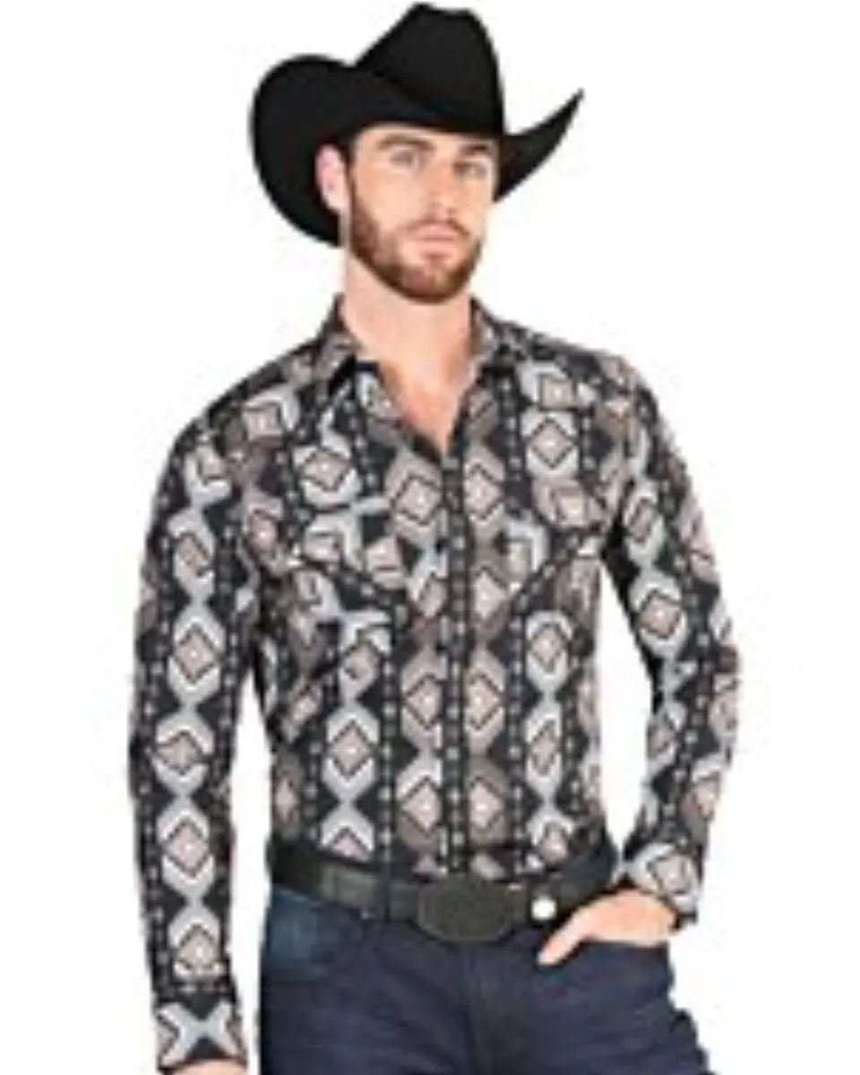 Men's Black Western Shirt with Geometric Brown and White Print – El General 44427