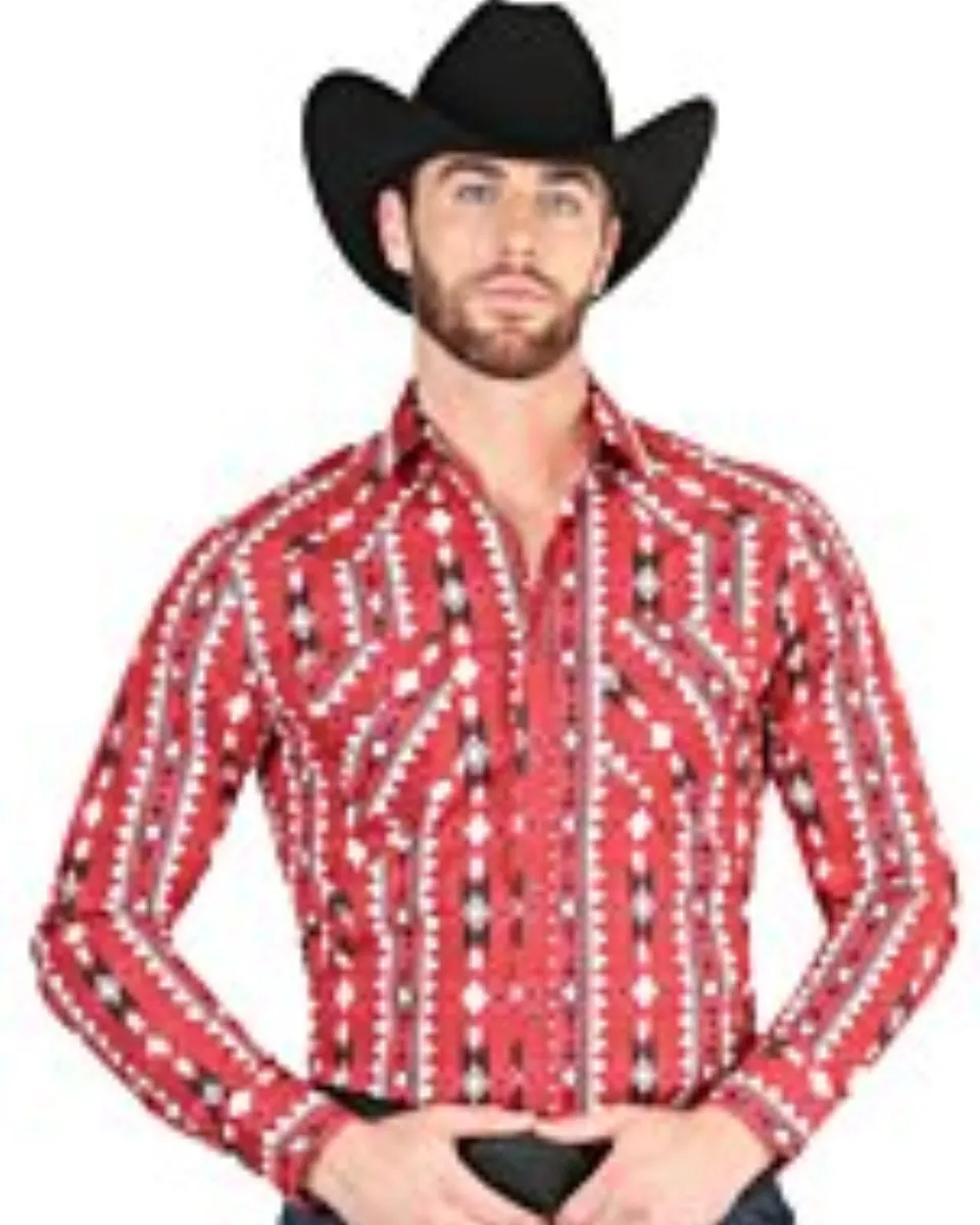 Camisa Vaquera Roja con Diseño Geométrico para Hombre – El General 44401