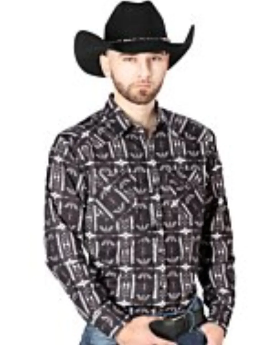 Man wearing a black Western shirt with white and red Southwestern tribal print and a black cowboy hat.